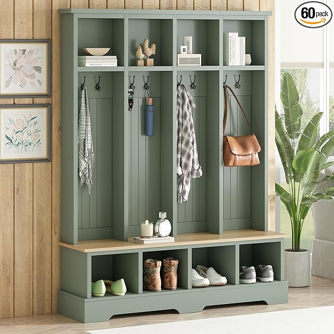 Farmhouse 59" Wide Hall Tree with 8 Hanging Hooks, Wood Grain Bench with Open Compartments, 76.7" H Entryway Shoe Rack Coat Hanger for Living Room Mudroom Hallway (Green-8.26)