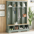 Farmhouse 59" Wide Hall Tree with 8 Hanging Hooks, Wood Grain Bench with Open Compartments, 76.7" H Entryway Shoe Rack Coat Hanger for Living Room Mudroom Hallway (Green-8.26)