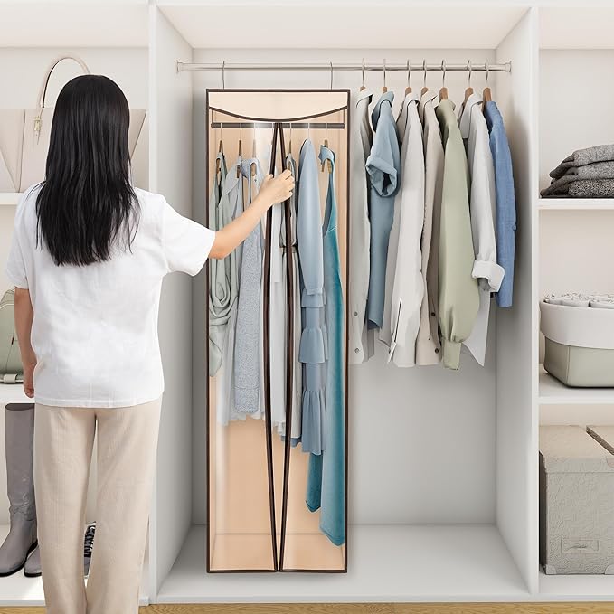 Garment Bags for Hanging Clothes Storage, Long Garment Cover with Zippered Clear Window for Closet Wardrobe Clothes Rack Organizer, Hanging Garment Bags for Dresses, Suits, 2 Pack, Beige