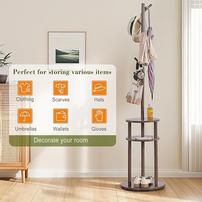 VECELO Coat Rack Freestanding, Entryway Hanger Stand, Umbrella Holder, Hall Tree With Hooks, Floor Standing Metal Tree Stand,Walnut, Medium-sized