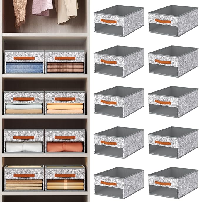 Drawer Organizers and Storage - 10 Pack Foldable Pants Organizer with Clear Window & Handles, Fabric Closet Organizer for Clothes, Jeans, Sweaters, Towels, T-shirt, Scarf (Ant Light Gray)