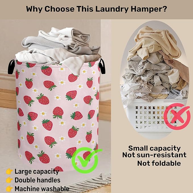 Cute Pink Strawberry Laundry Basket, Extra Large Foldable Hamper for Bathroom/Laundry/Bedroom/Dorm, Washable Fabric Storage Bin with Handle