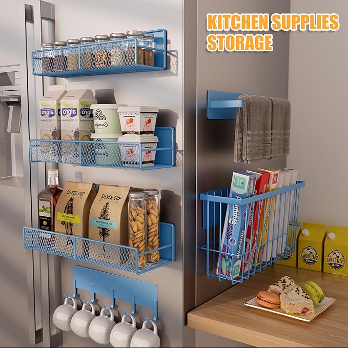 6-Pack Magnetic Shelves for Washing Machine & Refrigerator, Heavy-Duty Laundry Organizer with Hanger Holder & Deep Baskets, Metal Storage System for Laundry Room (Blue)