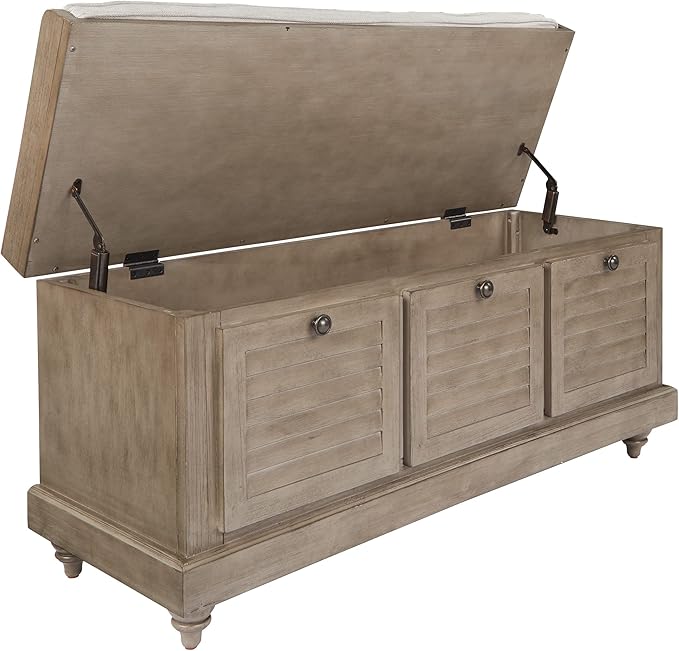 OSP Home Furnishings Dover Coastal Lift-Top Storage Bench with Shutter Face Styling, Antique Grey Finish with Off-White Linen Fabric Cushion