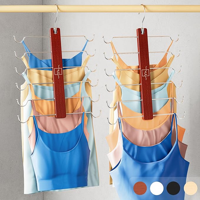 MORALVE European Beechwood Tank Top Hangers with 360° Swivel Hook - 2 Pack Space Saving Sports Bra and Cami Hanger for Closet - Hanging Tank Top and Bra Organizer for Space Saving Closet Organization