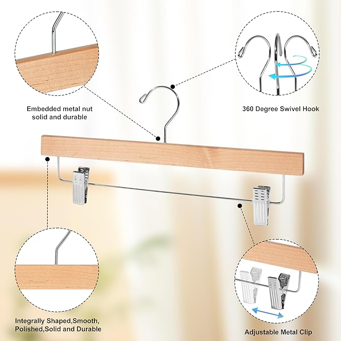 Quality Hangers Wooden Pants Hangers - 10-Pack Swivel Hook Cloth Hanger Set - Lotus Wood Skirt, Pant, Shorts and Slack Hangers with Adjustable Clip - Natural Clothing Hanger Set in 6 Modern Colors