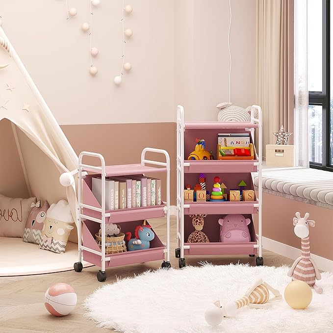 Buzowruil Utility Rolling Fabric Storage Rack Trolley Toy Cart Trolley with 2 Large Storage Boxes,Wheels, Suitable for Bedroom, Living Room, Entryway, Pink
