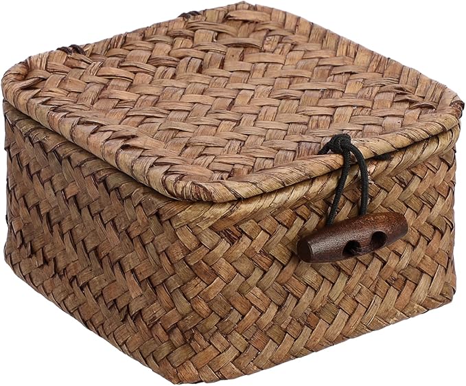 Mini Seagrass Basket Handwoven Small Wicker Basket with Lid Square Portable Storage Baskets for Key Jewelry Decorative Organizer Box for Shelf, 3.5"L x 3.5"W x 2"H