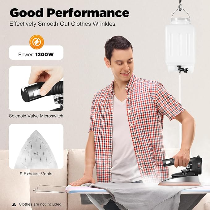Steam Iron for Clothes, 1200W Industrial Steam Iron Machine with 3L Tank for Curtain, Clothes Dry Ironing or Steam Ironing, 140~428℉ Temp Adjustable