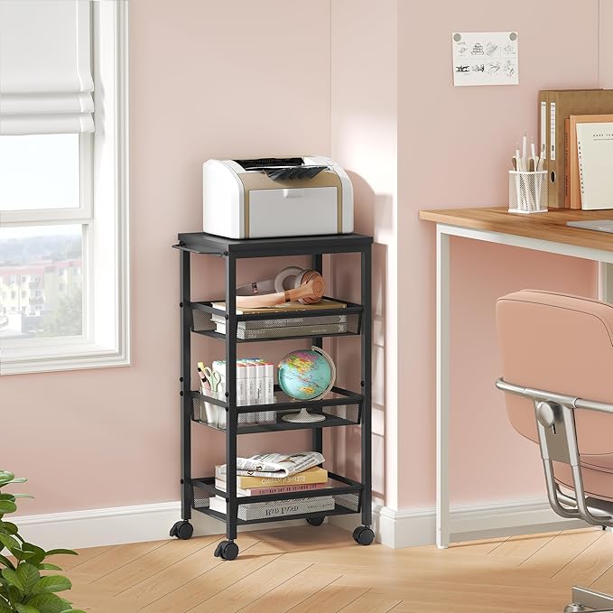 Hoctieon Rolling Storage Cart, 4-Tier 11.8" Wide Panel Rolling Kitchen Storage Cart, Utility Cart with Handle & Wheels, Mobile Shelving Unit, Metal Frame Narrow Cart for Home Kitchen, Laundry, Black