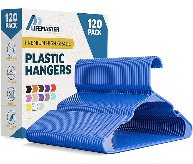 Lifemaster Plastic Clothes Hangers – Heavy Duty Hanger Set, for Organizing Clothes, Dresses, and Coat, Holds Up to 5 lbs, Space-Saving Hangers with Non-Slip Shoulder Grooves, Pack of 120, Blue