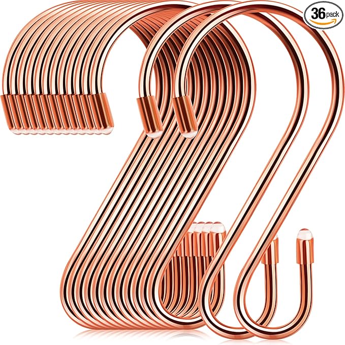 Hotop 36 Pcs S Hooks for Hanging 3.15 Inch Heavy Duty S Shaped Stainless Steel Hook Metal Hanging Curtain Hooks Pan Pot Holder Rack for Pot, Pan, Cups, Plants, Bags, Jeans, Towels(Rose Gold)