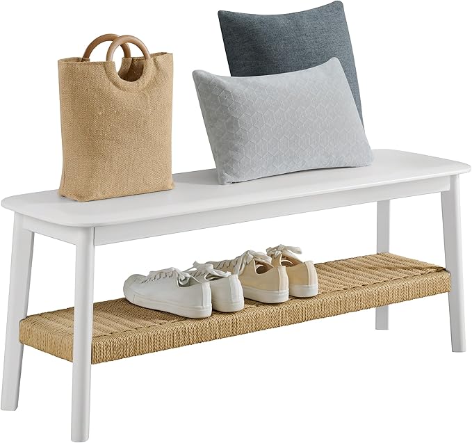 Alaterre Furniture Calais Entryway Bench with Storage Shelf - 48 Inch 2-Tier Storage Bench for Bedroom, Dining Room, Living Room, or Entryway - Wooden Entryway Furniture (White)