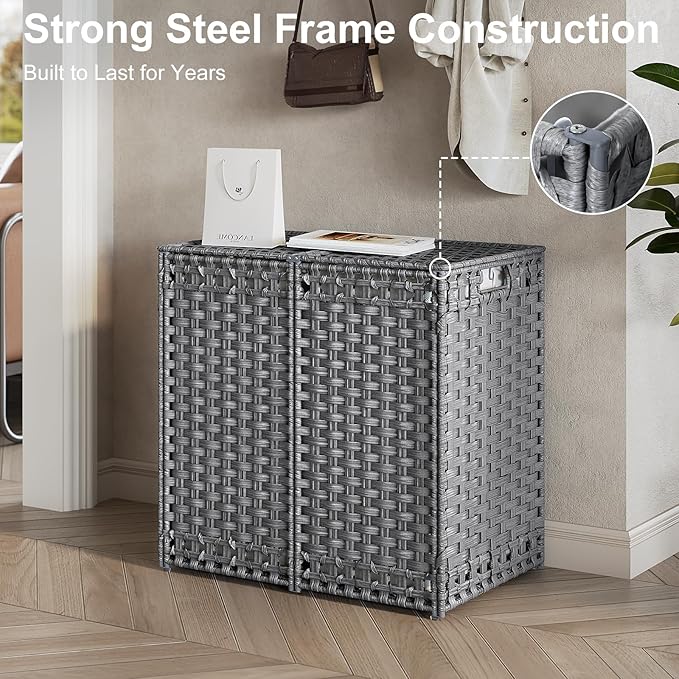 130L Foldable Laundry Hamper with Lid - Handwoven Rattan Storage Basket, 2-Section Clothes Hamper w/2 Removable Liner Bags, Easy Assembly, Portable for Bedroom Bathroom Dorm,Grey