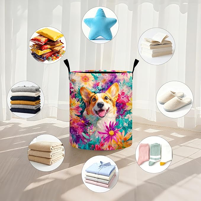 Dog Flower Laundry Basket Storage Bin Foldable Laundry Hamper Clothes Storage Bucket Organizer 19.6x15.7 Inch For Laundry Room/Bedroom/Bathroom