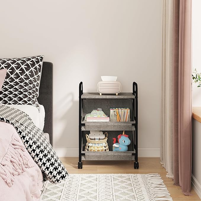 Buzowruil Utility Rolling Fabric Storage Rack Trolley Toy Rack Trolley with 2 Large Storage Boxes,Wheels, Suitable for Bedroom, Living Room, Entryway, Grey