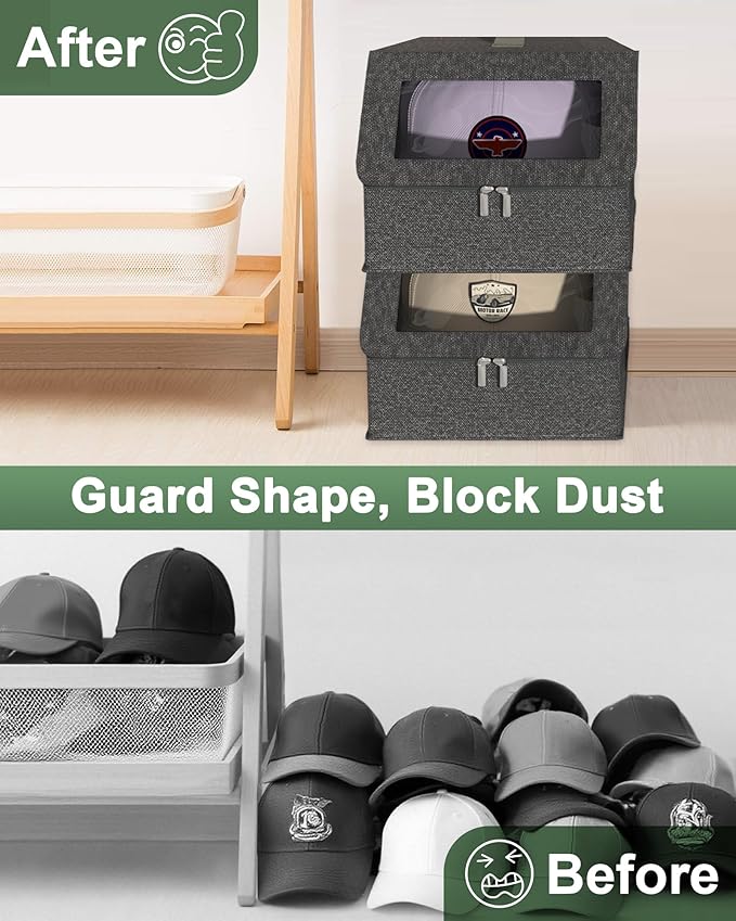 Hat Organzier for Baseball Caps - 2 PCS Stackable Hat Storage Holder Holds up to 26 Caps for Closet, Dust-Proof Hat Boxes Container with Clear Window for Home