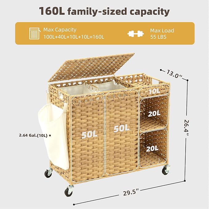 Laundry Hamper with Lid, 160L Rattan Wicker Laundry Basket with Wheels, Handwoven Laundry Hamper 2-Section with Storage shelf(42.3 Gal), Laundry Sorter Basket with Removable Liner, Natural HLH032N