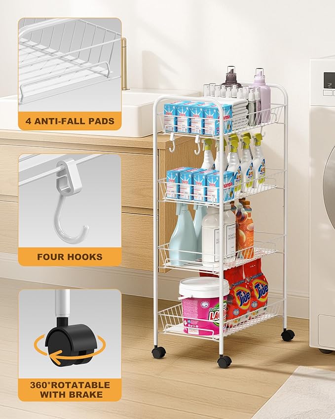 Mythinglogic 4 Tier Rolling Cart with 360° Wheels, Snack Cart, Removable Wire Baskets, Metal Utility Storage Rack for Kitchen, Bathroom, Laundry Room, Office (White)