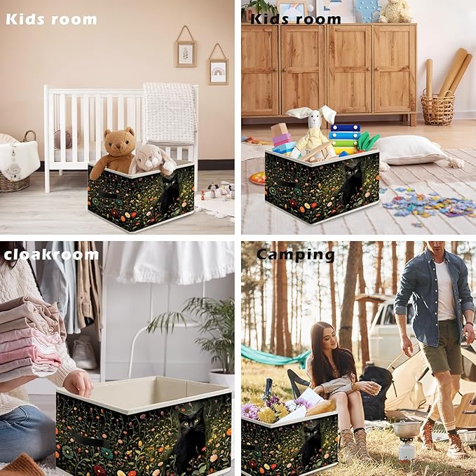 William Morris Inspired Dark Wildflower Black Cat Storage Bin Box with Handles,Cottagecore Floral Botanical Cat Foldable Organizer Basket Toybox for Room Bedroom Bathroom Clothes Toys Books