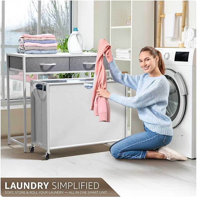Sorbus 3 Section Laundry Hamper with Shelf and 2 Drawers for Laundry Room Organization, Laundry Basket with Wheels, Rolling Laundry Hamper, Laundry Sorter for Optimal Storage and Organization (White)