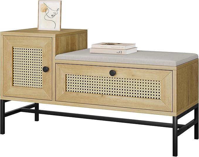 GarveeHome Rattan Shoe Bench with Linen Seat Cushion, Entryway Bench with Storage Cabinet, Wooden Storage Bench for Hallway and Bedroom, Natural Oak