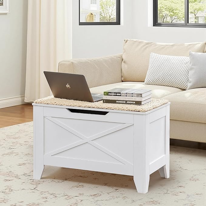 VECELO 30" Storage Bench, Shoe Bench with Handwoven Wicker Cushion, Ottoman Storage Trunk with Safety Hinges, Ideal for Entryway, Bedroom, Living Room, White