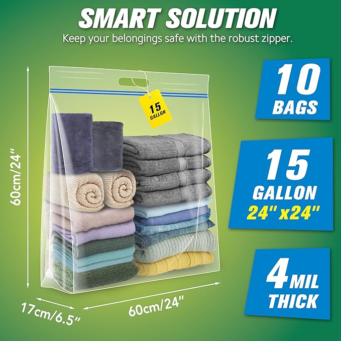 HIBAG 15 Gallon Large Storage Bags, 24” x 24” Resealable Clear Bags with Handle, Extra Large XL Heavy Duty for Clothes Pillow Travel Moving, Pack of 10