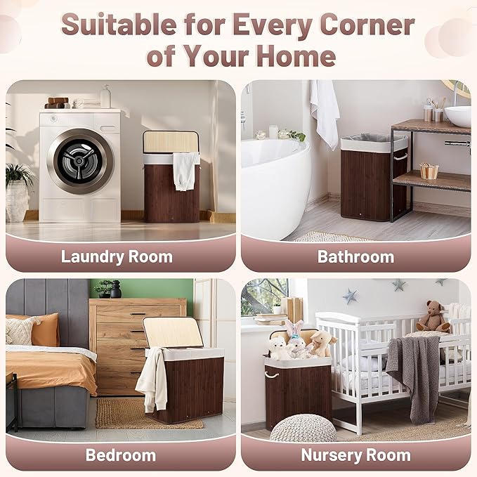 72L Slim Laundry Hamper with Lid, Foldable Bamboo Clothes Laundry Basket with Handles, Removable and Machine Washable Liner, for Bedroom, Bathroom, Dorm, Brown