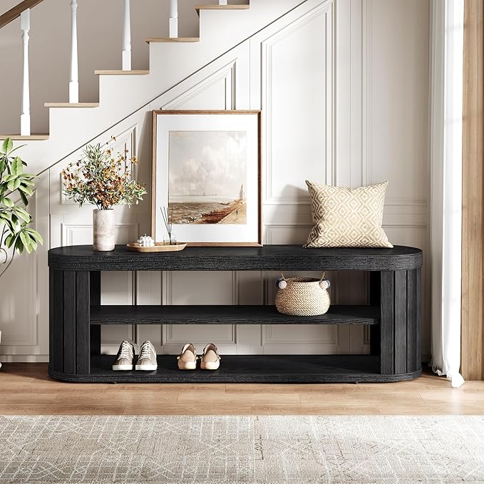 Tribesigns 47.2" Wooden Entryway Bench with 2-Tier Shoe Storage, Farmhouse Dining Bench with Adjustable Foot Pads, End of Bed Stool for Bedroom, Hallway, Living Room, Dining Room, Black