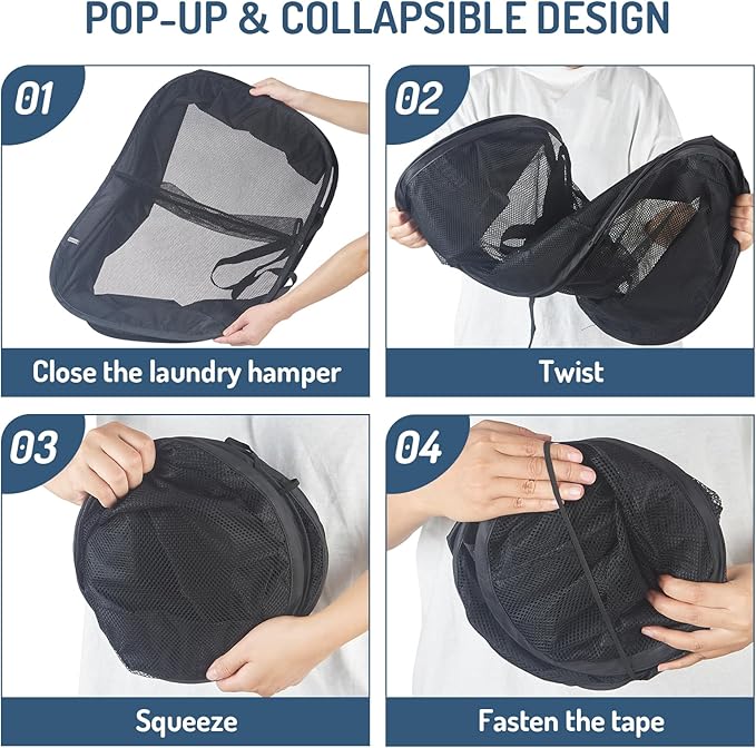 Seiritex Mesh Popup Laundry Hamper 2 Compartment, Collapsible Laundry Sorter Basket Foldable Hamper for Clothes, College Dorm, Travel (Black)
