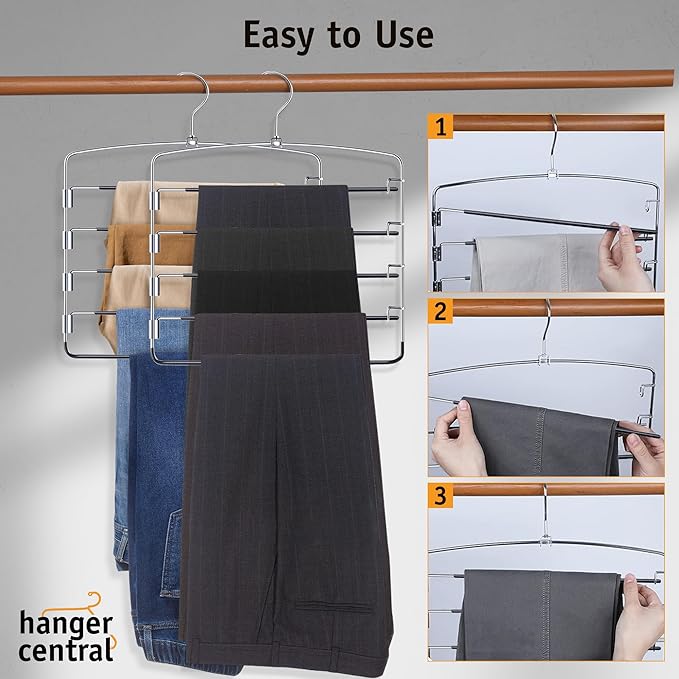 Hanger Central 3 Pack Space Saving Swing Arm Pants Hangers – 5 Tier Stainless Steel Multi-Layer Closet Organizer for Jeans, Slacks, Trousers, Skirts – Non Slip Hangers for Clothes, Black