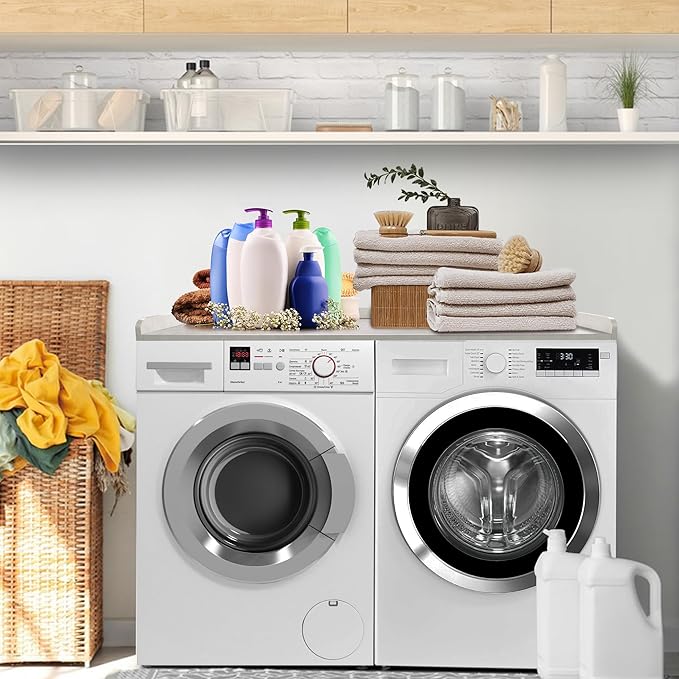 Washer Dryer Countertop with Non-Slip Pad, Wood Washer and Dryer Countertop with Edge Rails for Laundry Room Organization and Storage, 54" L x 27.5" W(Light Grey Marble)