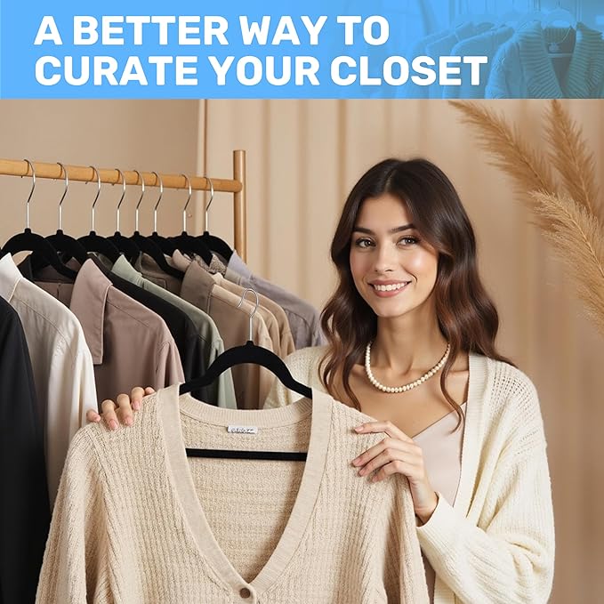 Simple Deluxe 30 Pack Velvet Hangers, Non-Slip Felt Hangers with Shoulder Notches, Space Saving Heavy Duty Clothes Hangers for Coat, Pants, Suit, Sweater, Black