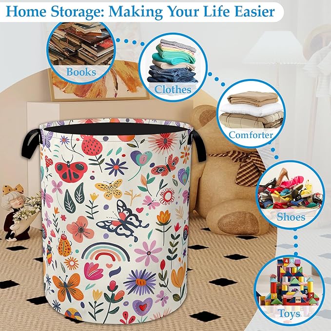 Colorful Butterfly Flowers Laundry Basket Collapsible Laundry Hamper Clothes Toy Storage Bin for Bathroom Bedroom Room Decor 16" X 20.8"