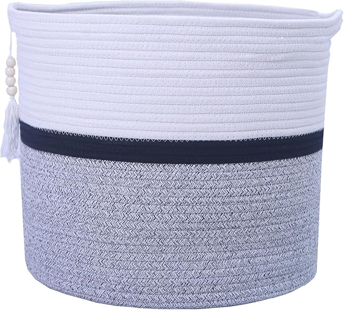Cotton Rope Storage Bin,Natural Handmade Woven Hamper for Living Room,Blanket Basket for Clothes, Pillows, Towels (black, 55L)