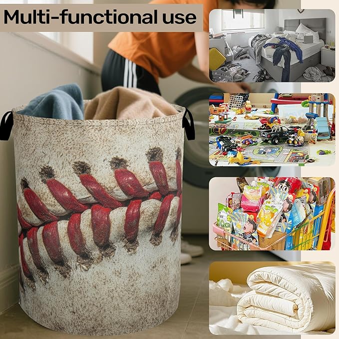 Baseball Laundry Basket with Handles - Extra Large Foldable Hamper for Bathroom/Laundry/Bedroom/Dorm, Washable Fabric Storage Bin