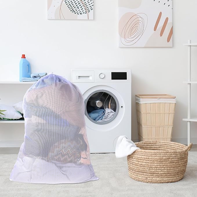 Large Mesh Laundry Bag with Drawstring Closure - 24"X 36" White, Ideal for Travel, College Dorm, Apartment, Family