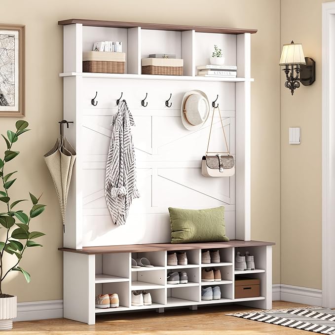 Farmhouse 4-in-1 Hall Tree with 6 Hooks, Practical Walnut Entryway Bench with Adjustable Shelves, Wooden Style Rustic Shoe Organizer with 16 Open Compartments for Mudroom, Living Room (White/8C)