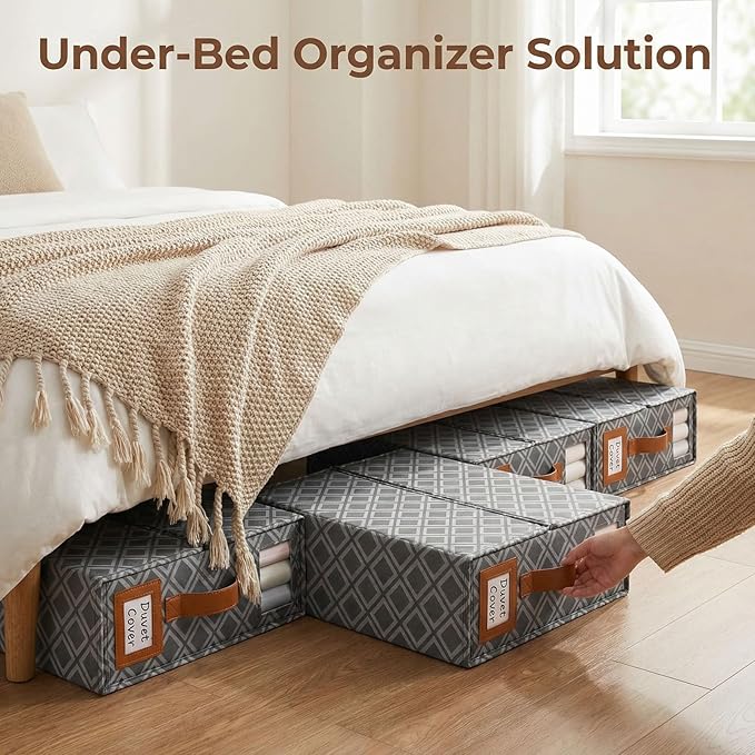 4 Pack Bed Sheet Organizers and Storage, (King & Queen Size) Sheet Organizer for Linen Closet, Foldable Bedding Storage Box with Window for Bedsheets, Duvet Cover and Pillowcase (Dark Grey 4 Pack)