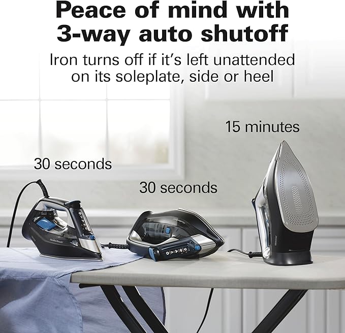Hamilton Beach Steam Iron for Clothes & Garment Steamer with Intuitive FabricIQ Touchpad, Durable Stainless Steel Soleplate, 3-Way Auto Shutoff, 1800 Watts, 350ml Water Tank, 10' Cord, Black (14950)