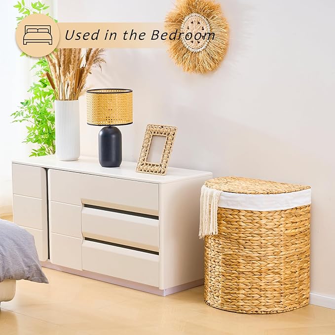 Half Round Wicker Laundry Hamper with Lid and 2 Removable Liner Bags, Handwoven Natural Water Hyacinth Laundry Basket for Dirty Clothes, Natural