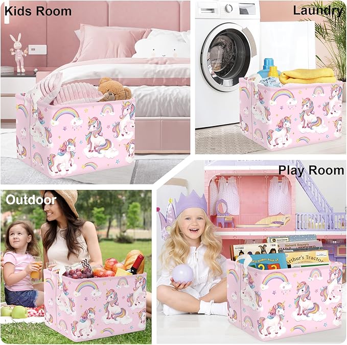 Unicorn Laundry Hamper Large Storage Basket Rainbow Clouds Collapsible Parents Organizer Kids Toy Clothes Bins for Bedroom, Bathroom, Stars, 36L