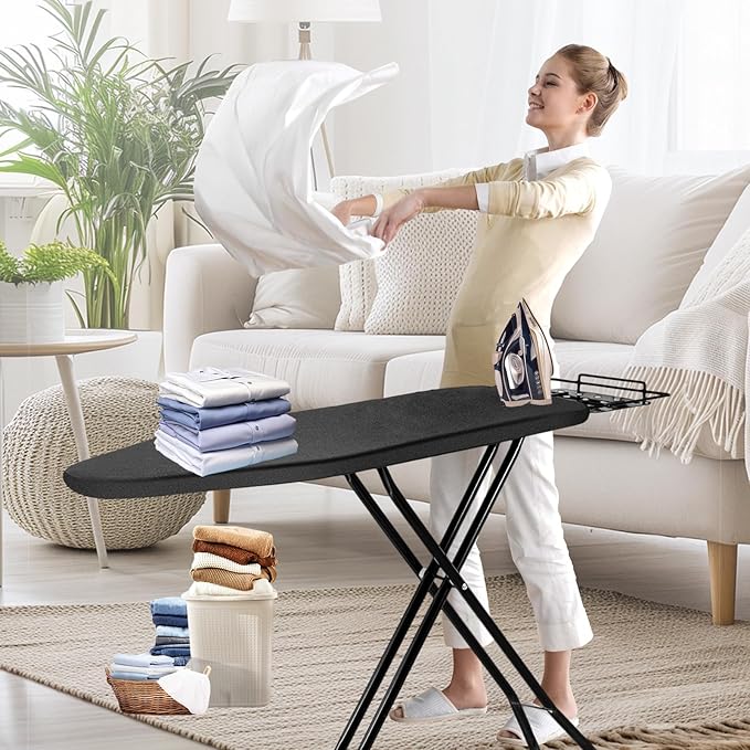 Ironing Board, 43x14 Inch Iron Board with Steam Rest, Heavy Duty Metal Frame Legs Ironing Table with Heat Resistant Cover Mat, Foldable Full Size Hanger Ironing Stand (Black, 52" L x 14" W x 34.6" H)
