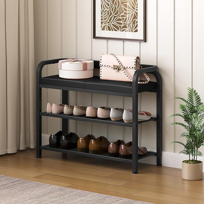 Shoe Bench with Backrest, Entryway Bench, 2-Tier Shoe Rack with PU Padded Seat, Upholstered Shoe Storage Bench with Back, for Hallway, Entryway, Foyer, Bedroom, Black HX04BB