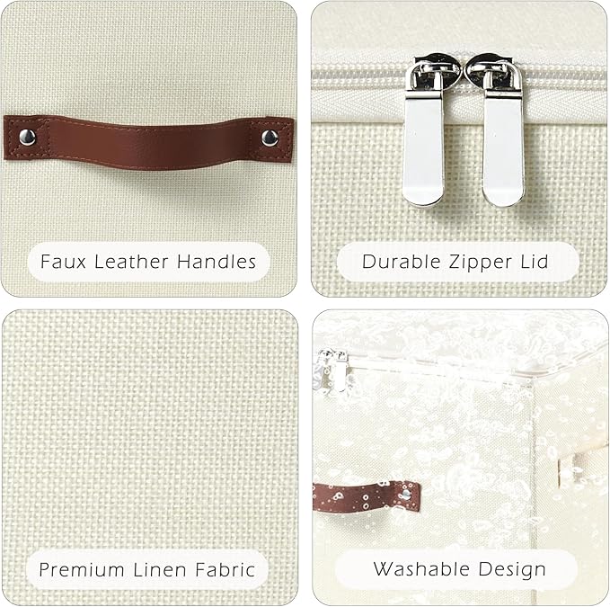 Storage Bins with Zipper Lid Cotton Linen Fabric Lidded Storage Baskets Boxes Foldable Washable Closet Shelf Clothes Organizer Container with PU Leather Handles (Beige, Small Size)