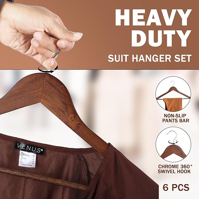 Wooden Hangers Premium Natural Wood Hanger Well Polished Ergonomic Design & Sharply Cut Notches with Swivel Hook (Brown, Pack of 30)