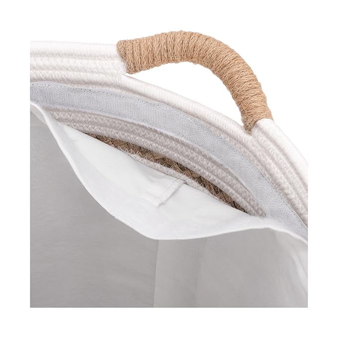 Seville Classics Premium Natural Handwoven Portable Laundry Bin Basket with Carrying Handles, Household Storage for Clothes, Linens, Sheets, Hamper with Liner, White
