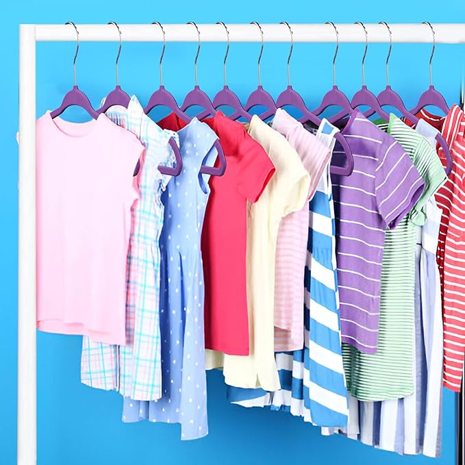 Purple Velvet Kids Hangers 20 Pack, 10.83" Non-Slip Baby & Toddler Hangers for Clothes, Space-Saving Slim ABS Plastic with 360° Swivel Hook & Notched Shoulders, Up to 10 lb Capacity