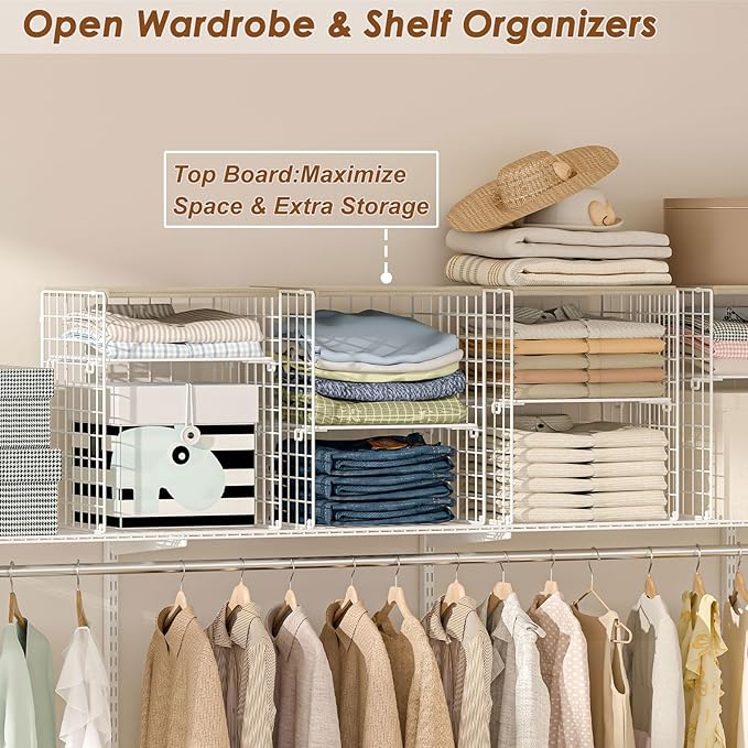 4-Tier Stackable Closet Organizers and Storage, Adjustable Dividers & Wood Top Storage Shelves for Clothes, Wardrobe & Closet Storage Basket Bins/Cube, Space-Saving Closet Organizer System, White